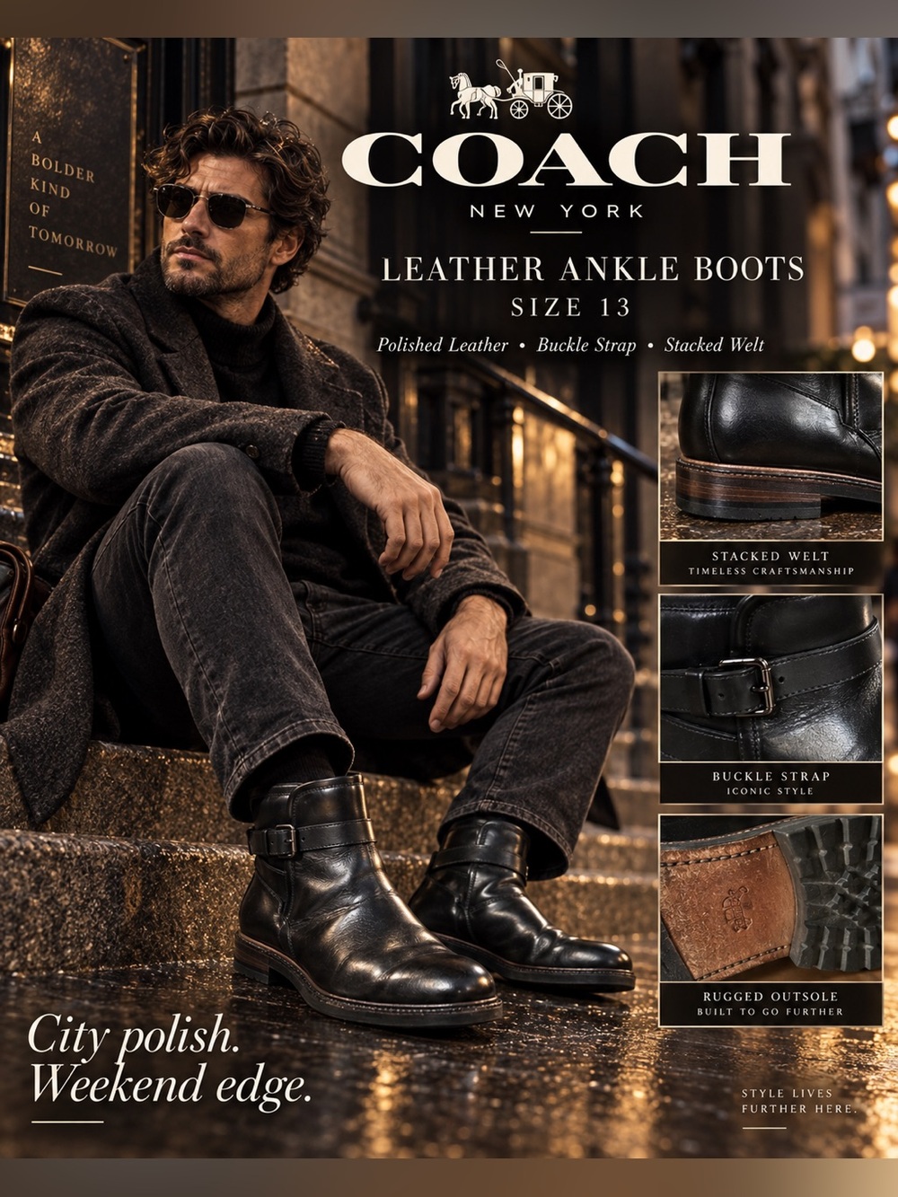 Coach Men's Black Leather Boots with Side Buckle Accent